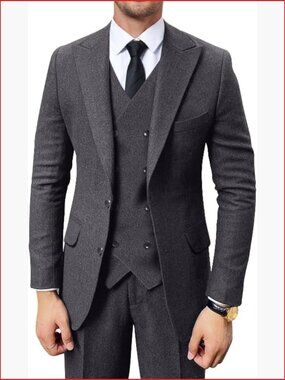 Retro 3 Piece Herringbone Tweed Suit Set Jacket Vest Pants Tuxedo Prom Wedding